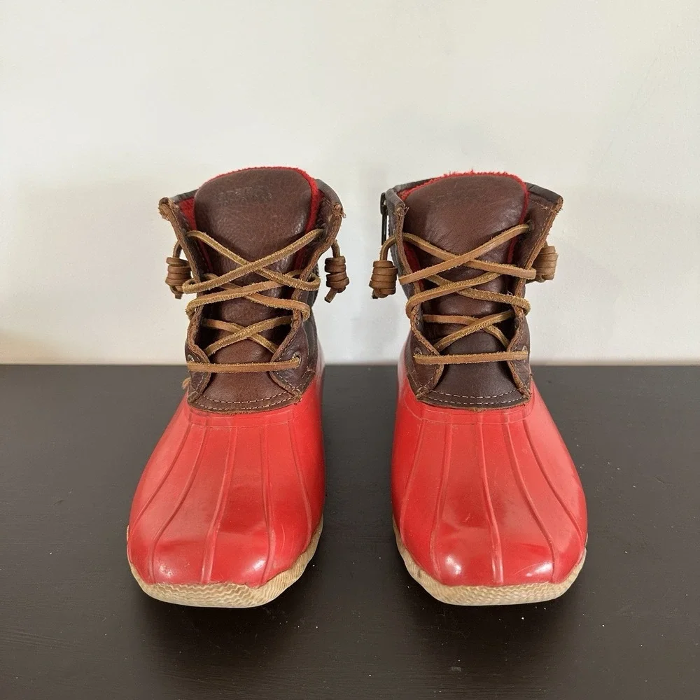 Women's Sperry Top-Sider Saltwater Rain Boots Leather Rubber Women's 6 Red Brown